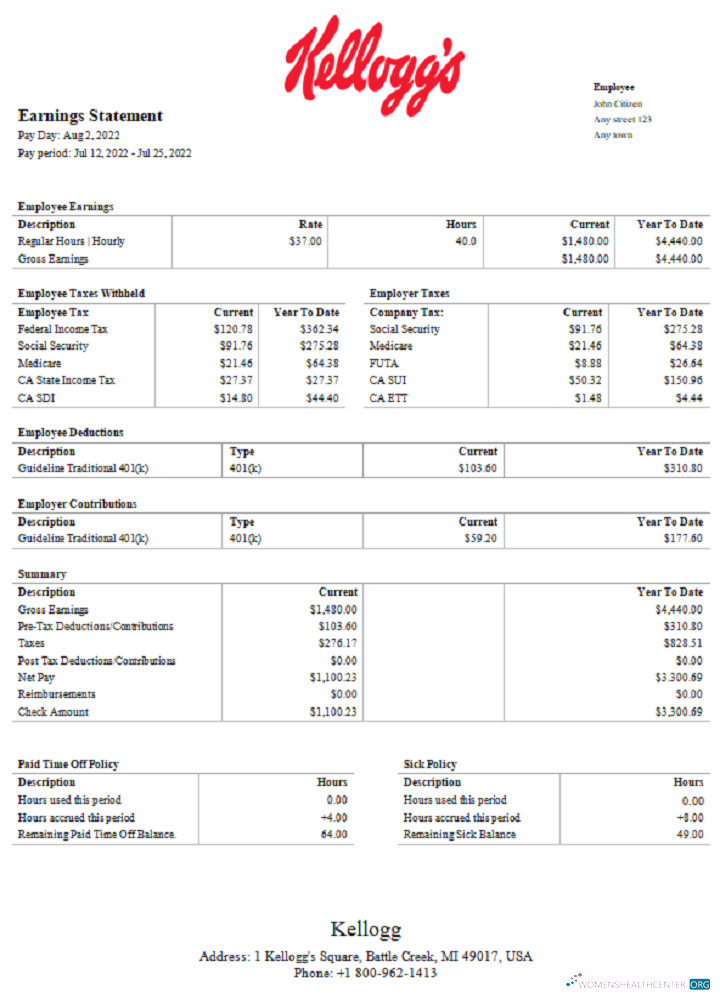 Download USA Kellog food processing company pay stub Photoshop template